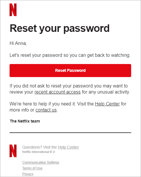 Netflix password reset - transactional email examples