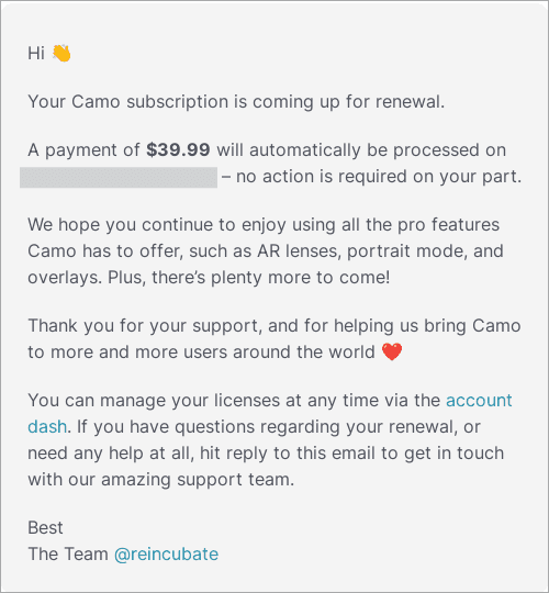 Reincubate subscription renewal email