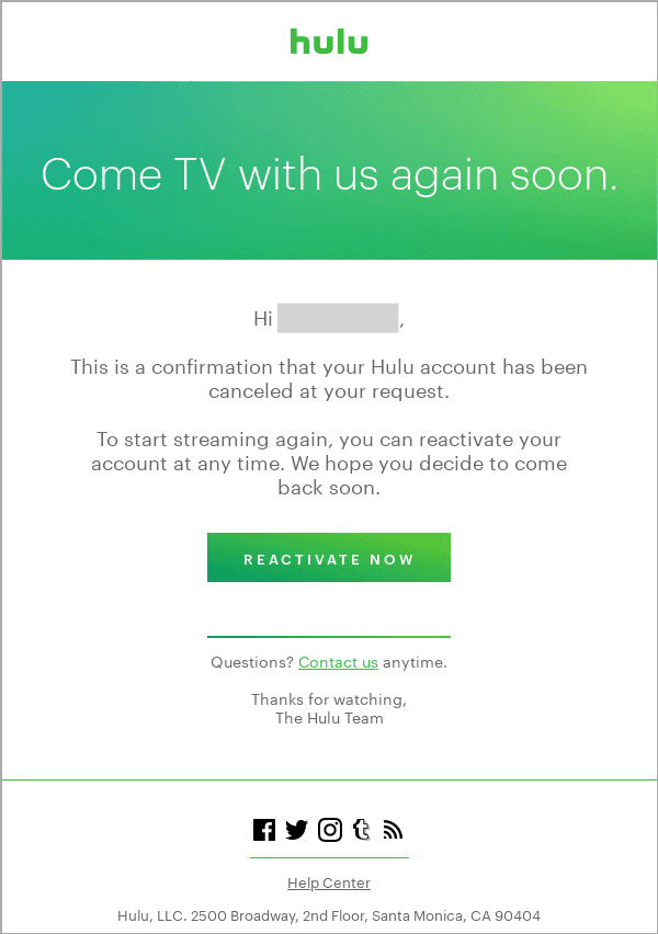 Hulu cancellation confirmation email