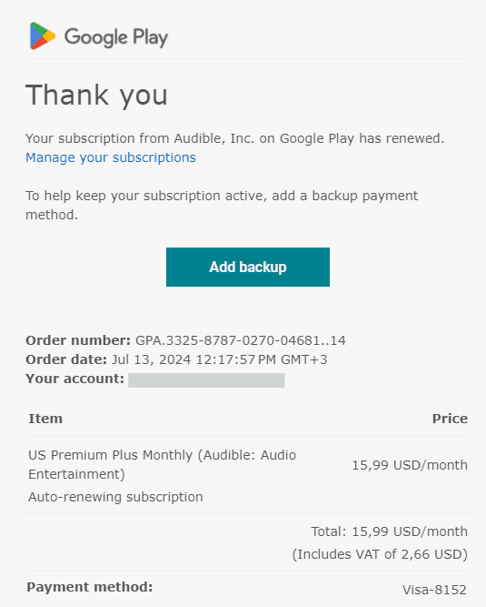 Google Play subscription renewal email